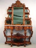 27 - Walnut Rococo Etegere with white marble top, burl trim, pierced caved all over, 87in. T, 60in. W, 21in. D, ca. 1850.