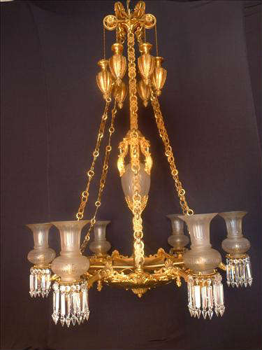 117 - Extraordinary Dore Bronze Gasolier with original shades,58in. T, 43in. W