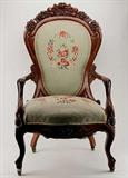 161 - Rosewood Rococo Arm Parlor Chair, by J.H. Belter, Rosalie with grapes pattern, needlepoint upholstery, 42in. T, 25in. W, 23in. D, ca. 1855.