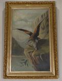 352 - 19th Century Oil on Canvas of eagle in mountains with catch, 14 x 26.