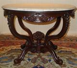 103a - Laminated Rosewood Rococo Parlor Table with 36in. Round white marble top by J.H. Belter, ca. 1855.