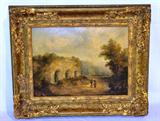 128 - Oil on Canvas of 2 people in French Countryside, gold frame.