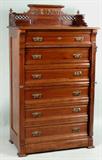 132 - Walnut Victorian Lock side Chest, 6 drawers with open carved gallery top.