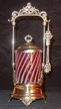133 - Victorian Silver-plate Pickle Jar with cranberry swirl glass, original tongs, ca. 1880.