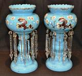 131 - Pair of 19th Century Blue Mantle Lusters with white flowers, double ring of prisms, 14in. T.