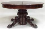 136 - Oak Dining Table with acanthus carved base and legs, large claw feet, ca. 1880, 54in. Round, 3 leaves.