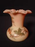 124a - Burmese Peachblow Glass signed Webb, vase with gold flowers.