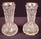 177 - Pair of Cut Glass Flower Vases with sterling rims, wide bottom.