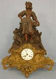 301 - Figural French Mantle Clock, porcelain dial, patinated dore bronze base with natural patina top, 24in. T, 19in. W, 9in. D, ca. 1860.