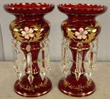 303 - Pair of Ruby Mantle Lusters with gold paint and prisms, 12in. T, ca. 1920.
