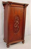 307 - Mahogany Art Nouveau Music Cabinet with winged figures and original shelves, 48in. T, 25in. W, 17in. D