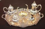313 - Sterling Silver Tea and Coffee Service by Reed and Barton, 123 troy oz. - large tray is silver-plate over copper.