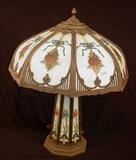 315 - Hand Painted Slag Glass, paneled Light House Lamp, brass, 24in. T, 19in. Dia. Ca. 1920.