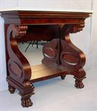 401b - Period Mahogany Empire Pier Table with claw feet, extra tall, white marble top, 42in. T, 44in. W, 21in. D.