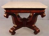 408 - Period Empire Mahogany Center Table in original finish, white marble, scroll feet, mint condition, ca. 1845.