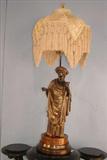 205 - Figural Spelter Lamp with Victorian shade, bronze coppered finish, Poesie - French for poetry, rewired working condition, 35in. T, 14in. Dia. , ca. 1910.