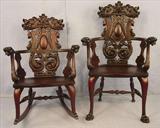 206a - Pair StickleyBrandt Rocker and side chair, dolphin backs, griffins, lionsheads etc.. Carved original mahogany finish, 43in. H, 26in. W, ca. 1900.