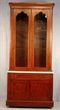 212 - Victorian Secretary Bookcase, crotch mahogany, marble top with tilted butlers type desk, 6 pane individual glass doors, ca. 1870.
