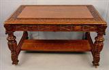 213 - Horner Oak Library Partners Desk, extensive carving, quarter sawn oak, beautiful finish, tagged Flint Horner, ca. 1910, 31in. T, 54in. W, 36in. D.
