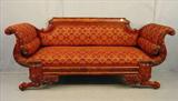 215 - American Federal Sofa, great cornucopia arms, claw feet and carved back, burgundy and gold upholstery, 80in. W, 24in. D, 36in. H, ca. 1870.
