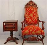 217 - Federal Claw Footed 3 Drawer Drop Leaf Work Table, 29in. T, 39in. W, 16in. D, ca. 1870. 218a - Mahogany Throne Chair, 58in. T, 30in. W, 28in. D.