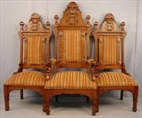 214 - Set of 3 Gothic Throne Chairs, 2 sides and 1 very large king's chair, green stripped upholstery, 59in. T, 26in. W, 24in. D, ca. 1890.