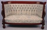 220 - Dolphin Carved Barrel Back Settee, complete buttoned back, blue and white upholstery, made by Karpon of Chicago, ca. 1890, 55in. W, 36in. T, 28in. D.