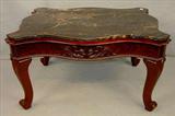 228a- Coffee Table with black and gold marble top, rococo mahogany base and scalloped top, 38in. W, 28in. D, 20in. T, ca. 1870.