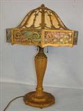 225 - Dome Top Panel Glass Lamp with bordered shade, heavy bronze base and fretwork on glass, Miller unsigned, 23in. T, 16in. D.