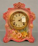 227 - Royal Bonn Porcelain Clock with ansonia works, pink color with painted floral pattern, 12in. T, 10in. W, 5in. D, ca. 1890.