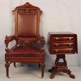 233 - Victorian Carved Arm Chair, burgundy upholstery with brass , ca. 1870, 53in. T, 26in. W, 24in. D.
234 - Federal 3 drawer Drop Leaf work Table with large base, carved feet, 39in. W, 30in. T, 17in. D, ca. 1870.