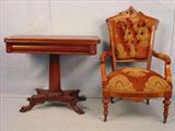235 - Acanthus Carved Claw Footed Federal Game Table, gadrooned edges, carved corners on mahogany, ca. 1860, 36in. W, 18in. D, 30in. T.
236 - Walnut Victorian Arm Chair, bronze and gold chenille fabric, in the style of John Jellif, ca. 1870.