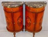265 - Pair of French Demilune Commodes with marble tops and fine inlay work, ca. 1910, 32in. T, 17in. W, 12in. D.