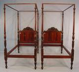 282 - American Pair of Acanthus Tester Beds, early cornucopia carved headboards, carved post, ca. 1840, 86in. T, 44in. W, new box springs and mattress.