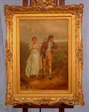 280 - Early Oil on Canvas in superior Victorian frame, man and woman in period clothing, signed E. Perry Moran, ca. 1880, 38in. X 29in.