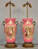 455 - Pair Very Large Old Paris Portrait Vases converted to lamps, urn type handles, easy conversion back to vases, 29in. T, 11in. W.