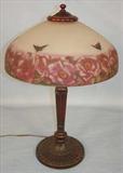 452 - Reverse Painted Table Lamp, frosted reverse painted shade with butterfly and poppy leaves, early 1900's, 21in. T, 14in. D.