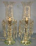 454 - Massive Cut Glass Hurricane Lamps, very large hanging prisms with heavy cut glass hurricane shades, 25in. T, 9in. D, ca. 1920.