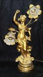 604 - Art Nouveau Newel Post Lamp with two lights, 20in. T, 11in. W.