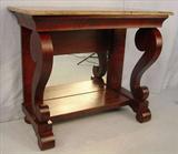 503 - Mahogany Empire Pier Table with scroll front and gray marble top, ca. 1880, 36in. T, 42in. W, 20in. D.