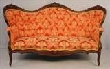 505 - Walnut Victorian Parlor Sofa with red and gold upholstery, 39, in. T, 71in. W, 22in. D, ca. 1875.