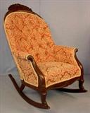 511 - Mahogany Victorian Rocker, sleepy hollow style with red and gold upholstery, 41in. T, 28in. W, 23 in. D, ca. 1870.