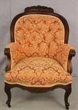 512 - Victorian Mahogany Arm Chair, 39in. T, 27in. W, 21in. D, red and gold upholstery, ca. 1870.