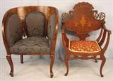 518 - Mahogany Barrel Chair with inlay in back, 34in. T, 27in. W, 20in. D, ca. 1880,
519 - Mahogany Saddle Style Arm Chair, inlay in back, 34in. T, 27in. W.