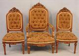 524 - Walnut Victorian Arm chair, heavily carved crown, ca. 1875.
525 - Pair of Walnut Victorian Side Chairs, matches #524, ca. 1875.