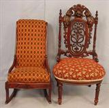 528 - Small Empire Childs Rocking Chair, 30in. T, 16in. W, 16in. D, ca. 1850.
529 - Walnut Victorian Slipper Chair with pierced carved back, 38in. T, 21in. W.