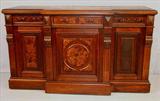 531 - Walnut Victorian Side Board with burl trim, 38in. T, 66in. W, 24in. D, carved wood pulls, ca. 1875.