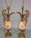 555 - Pair of Victorian Lamps, metal and porcelain, 21in. W, 10in. W.
