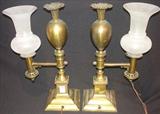 126 - Pair of Brass, Argand Lamps with frosted shades, 19in. tall