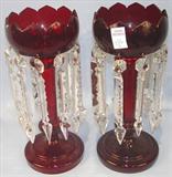 136 - Pair of Ruby Red Mantle Lusters, 13.5in. tall